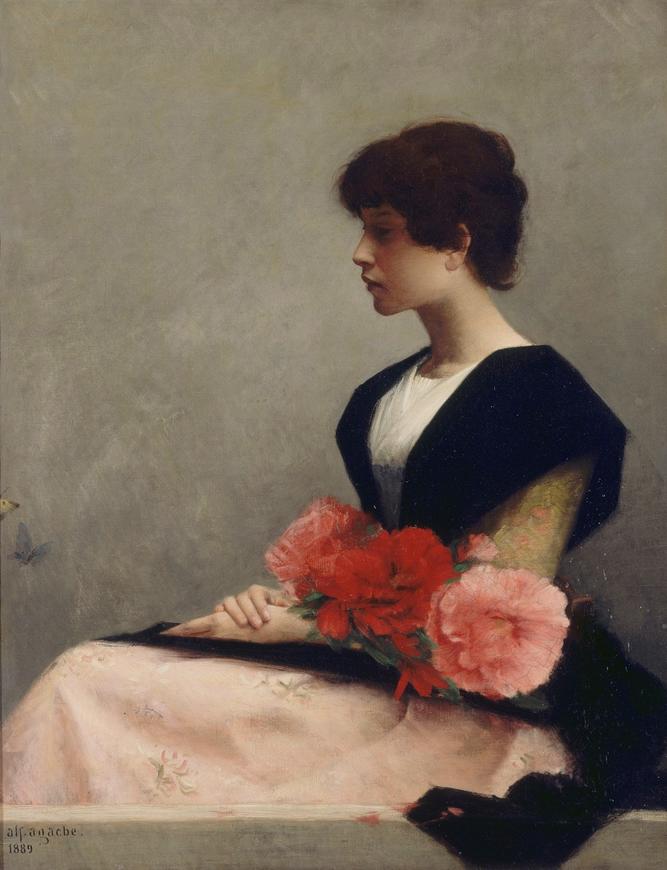 Jeune fille assise tenant des fleurs dans les bras
